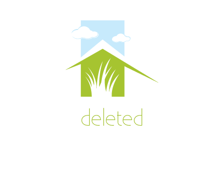 home inside a landscaping logo with grass and clouds